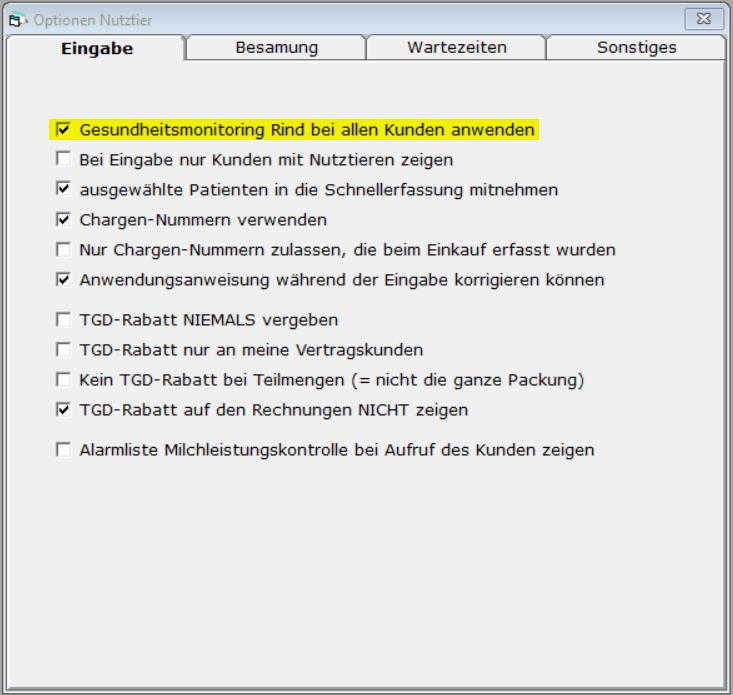 Bild aus der Praxisverwaltung: Einstellungen-Optionen Nutztier